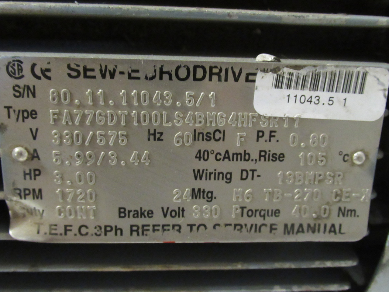 Sew-Eurodrive AC Gearmotor 72.5:1 40Nm 3HP 1720RPM 330/575V TEFC 3Ph USED