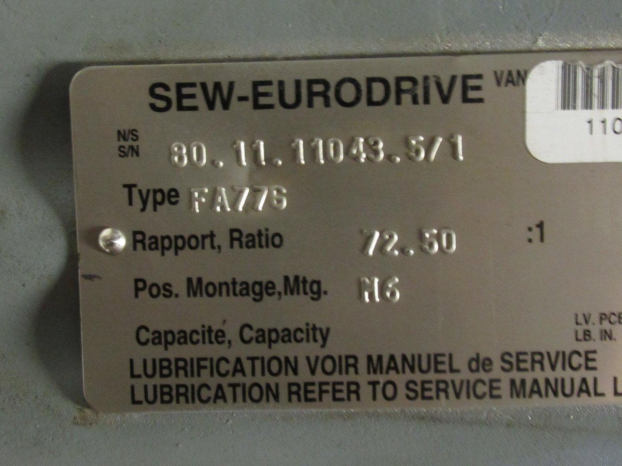 Sew-Eurodrive AC Gearmotor 72.5:1 40Nm 3HP 1720RPM 330/575V TEFC 3Ph USED