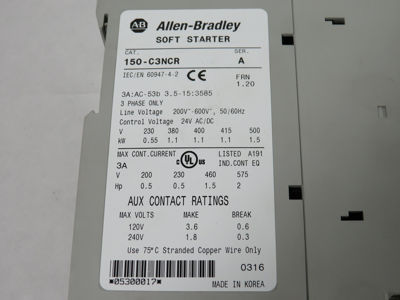 Allen-Bradley 150-C3NCR Smart Start Motor Controller Series A FRN 1.20 USED