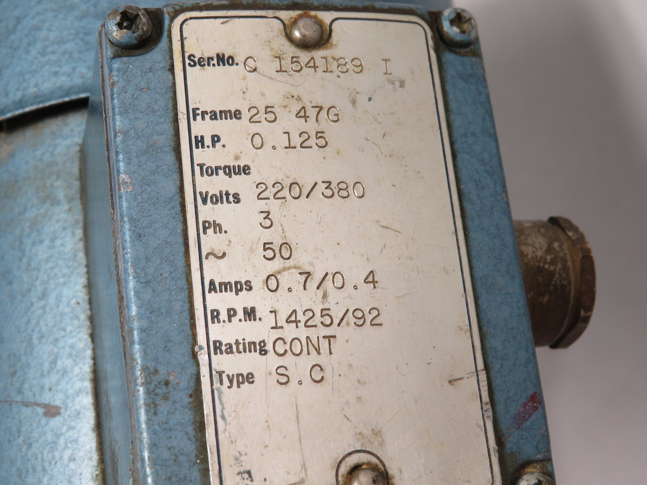 Generic SC Motor 0.125HP 1425/92rpm 220/380V 25 47G UNKNOWN GEAR REDUCER USED