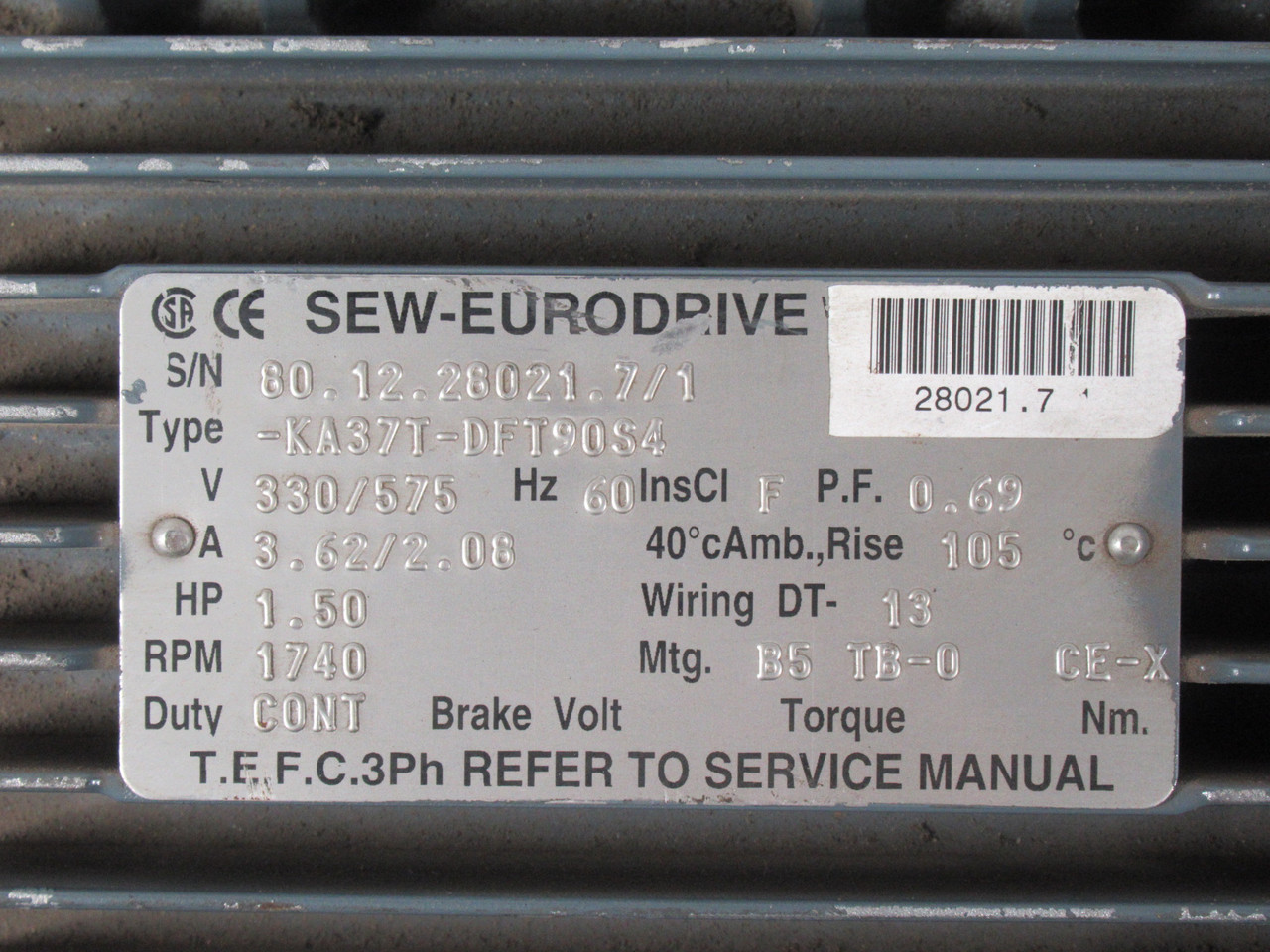 Sew-Eurodrive 1.50HP 1740RPM 330/575V TEFC 3PH 3.62/2.08A 60Hz COS DMG USED
