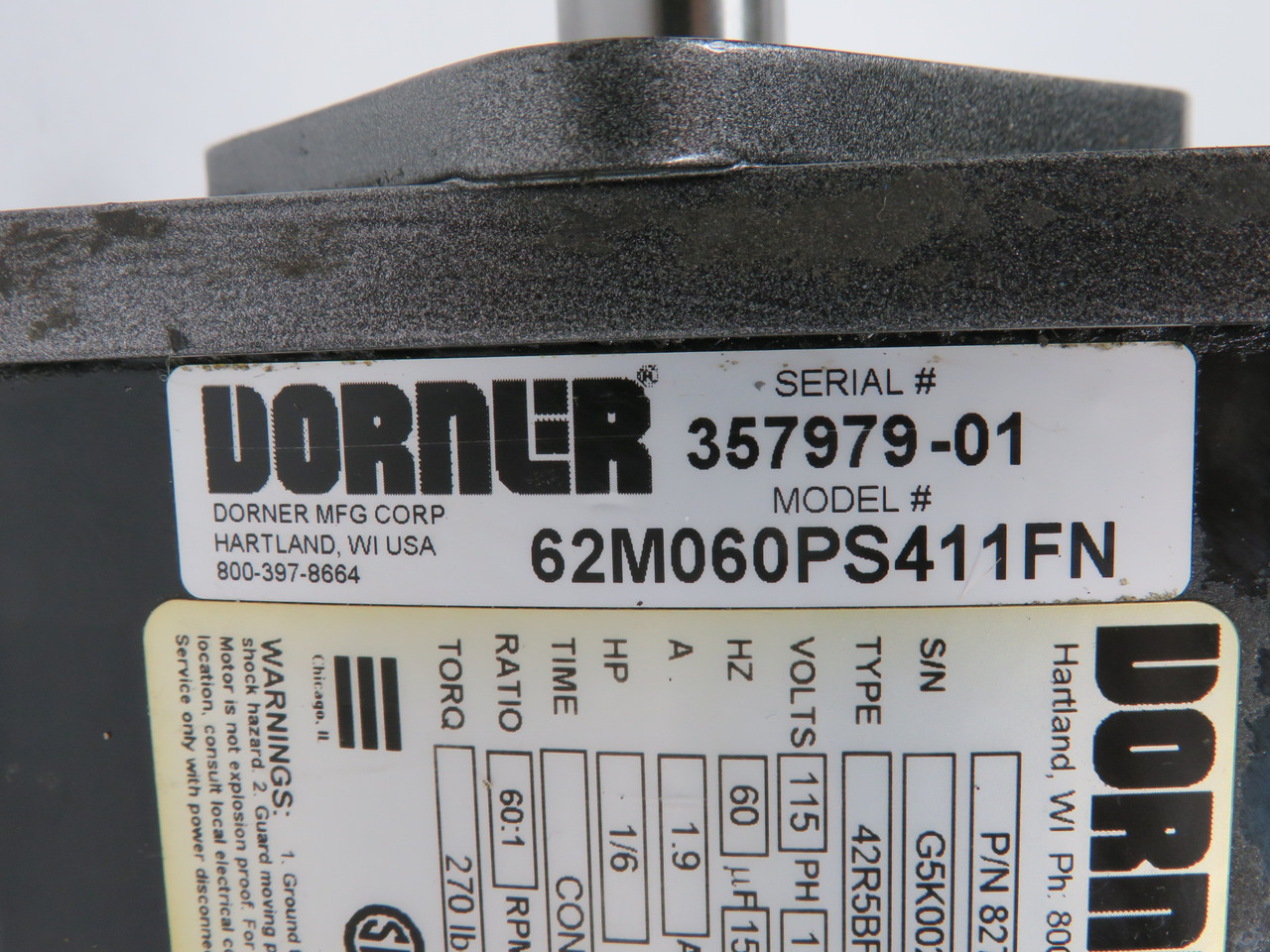 Dorner 42R5BFCI-E3 AC Gearmotor 60:1 270 lb-in 1/6HP 28RPM NEEDS REWIRING USED
