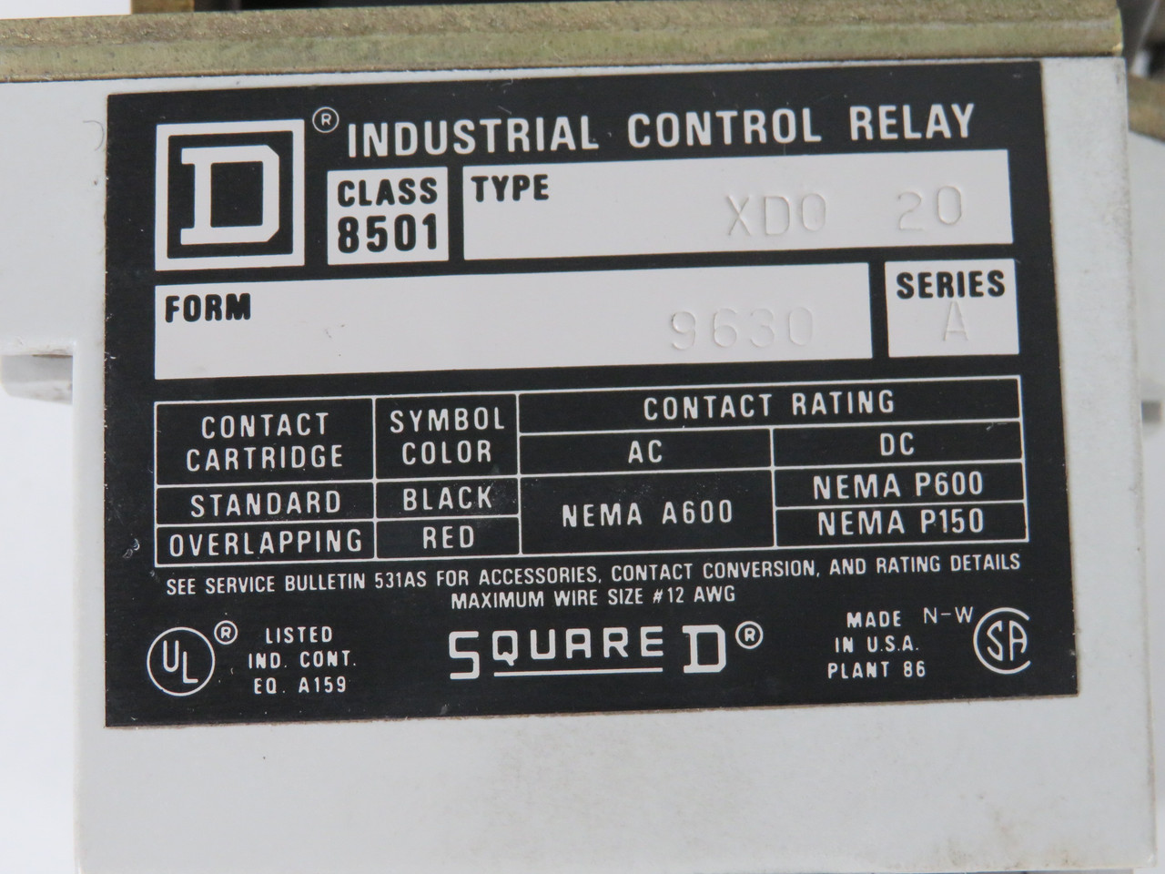 Square D 8501-XDO-20 Series A Control Relay 230/250VDC FORM 9630 COS WEAR USED