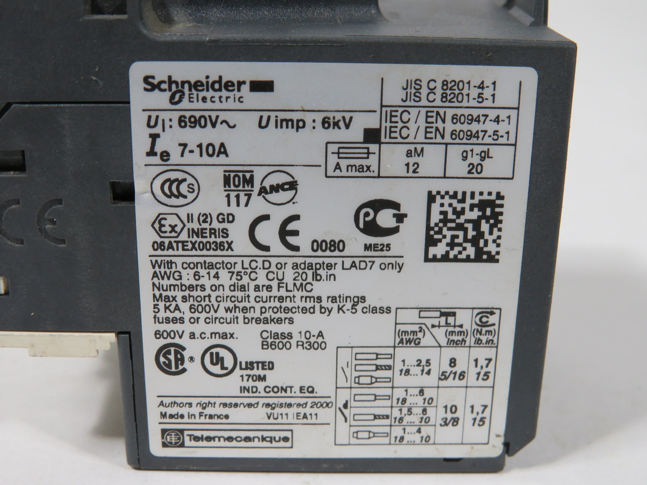 Schneider Electric LRD14 Thermal Overload Relay 7-10A 690V USED