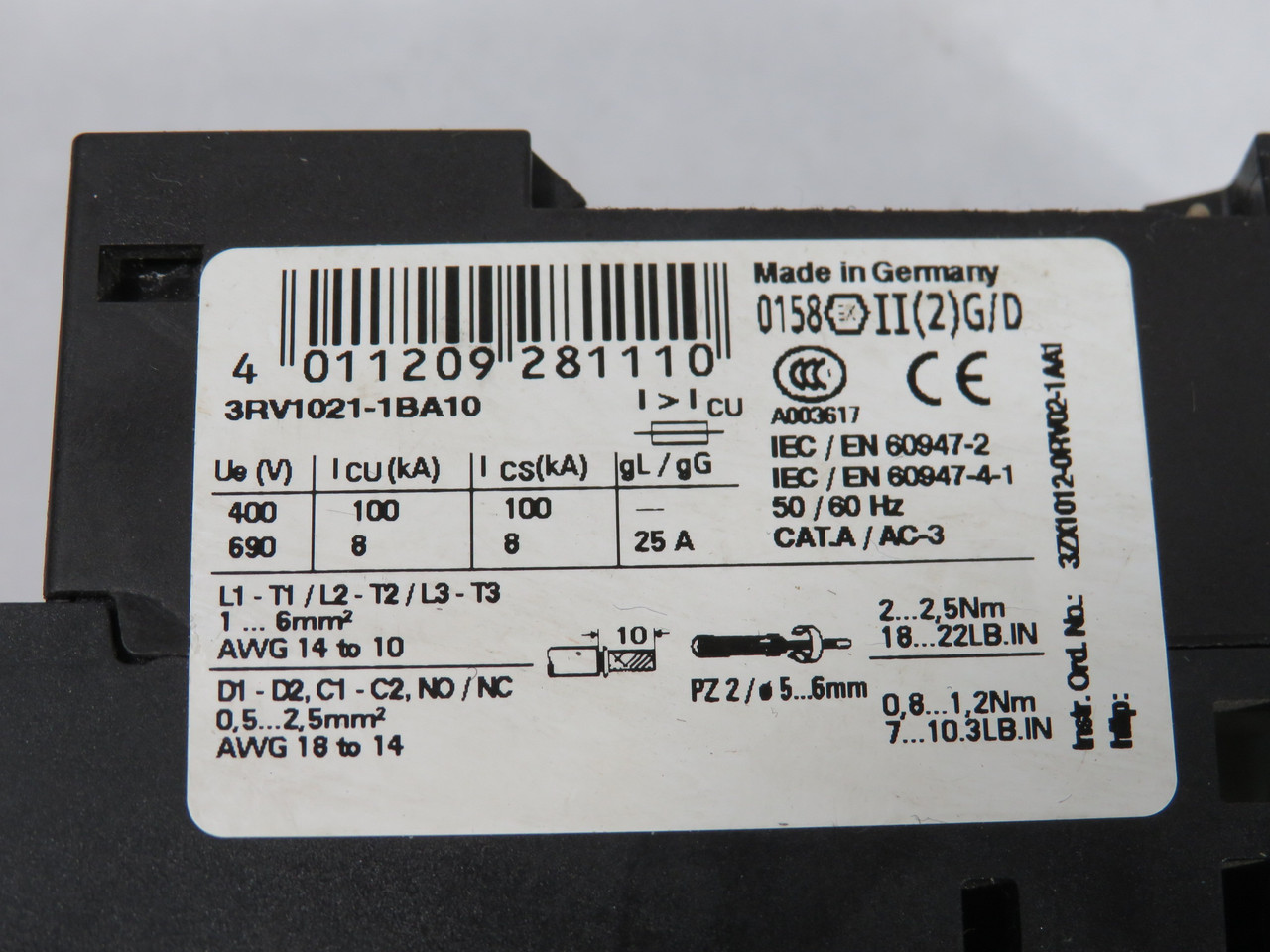 Siemens 3RV1021-1BA10 Motor Starter Protector 1.4-2A 690V Class 10 USED