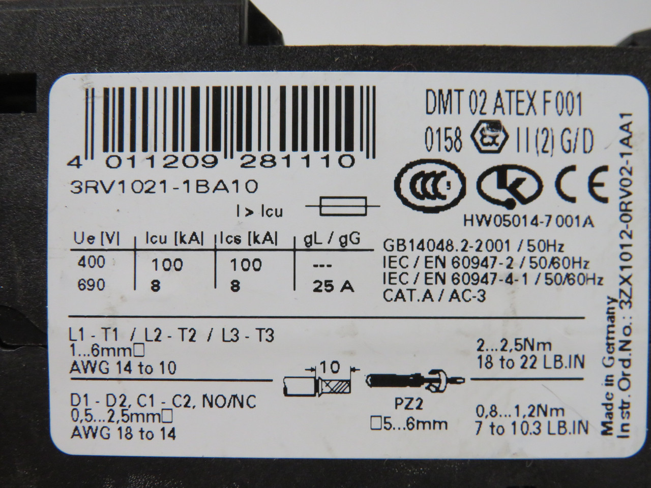 Siemens 3RV1021-1BA10 Motor Starter Protector 1.4-2A 690V Class 10 1NO/1NC USED