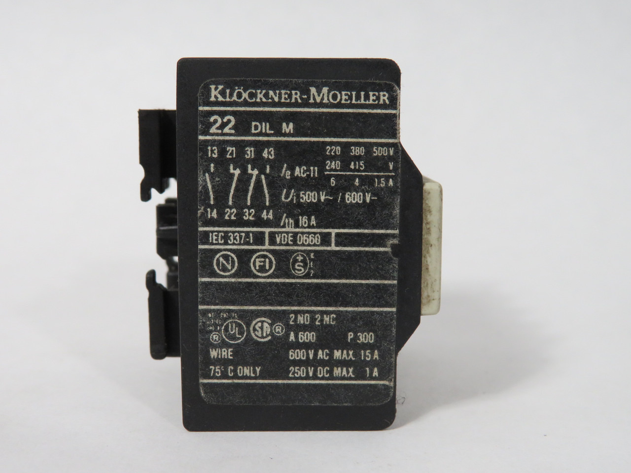 Klockner-Moeller 22DILM Auxiliary Contact Block 2NO 2NC 600V 16A USED