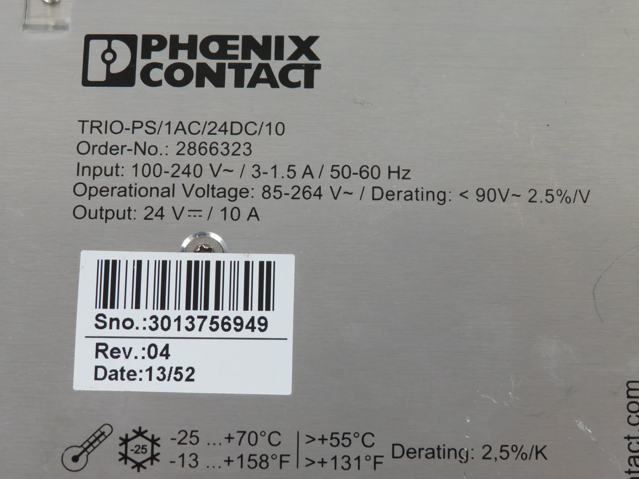 Phoenix Contact TRIO-PS/1AC/24DC/10 Power Supply 24VDC 10A Rev: 04 USED