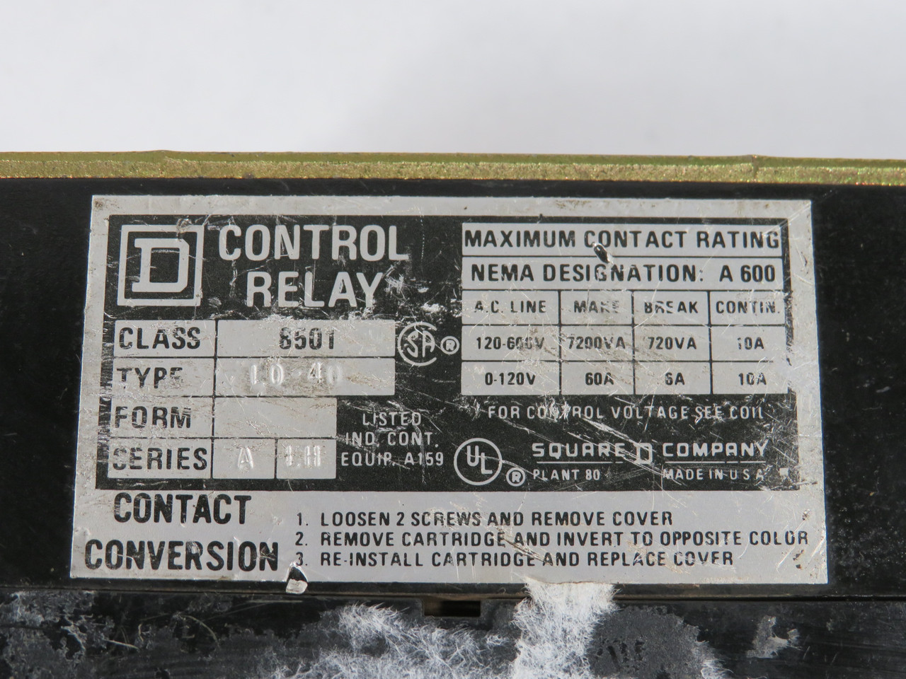 Square D 8501-L040 Control Relay 110V@50Hz 120V@60Hz C/W Time Delay Module USED