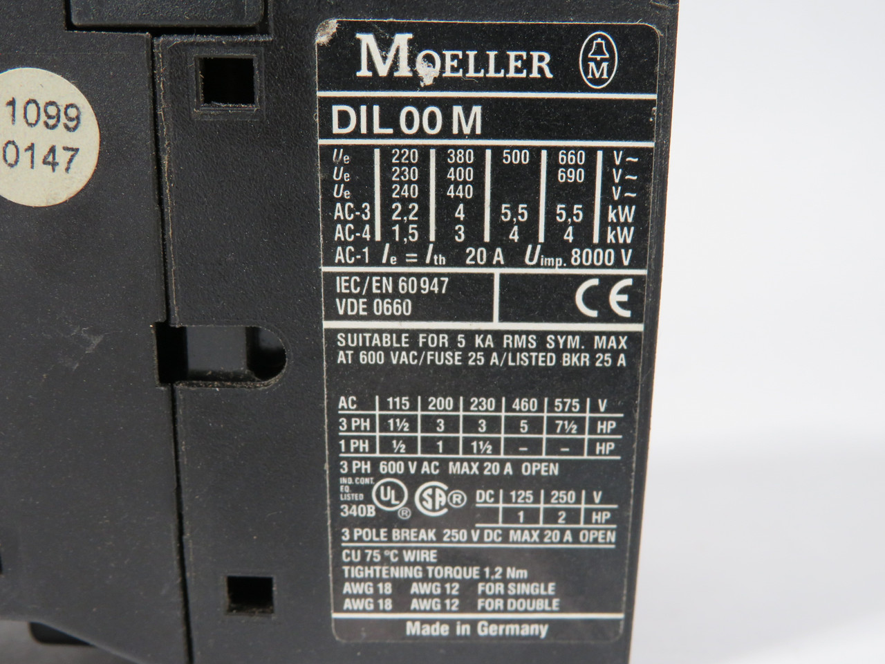 Moeller DIL00M-115V Contactor 115V@60Hz 20A 3-Pole USED