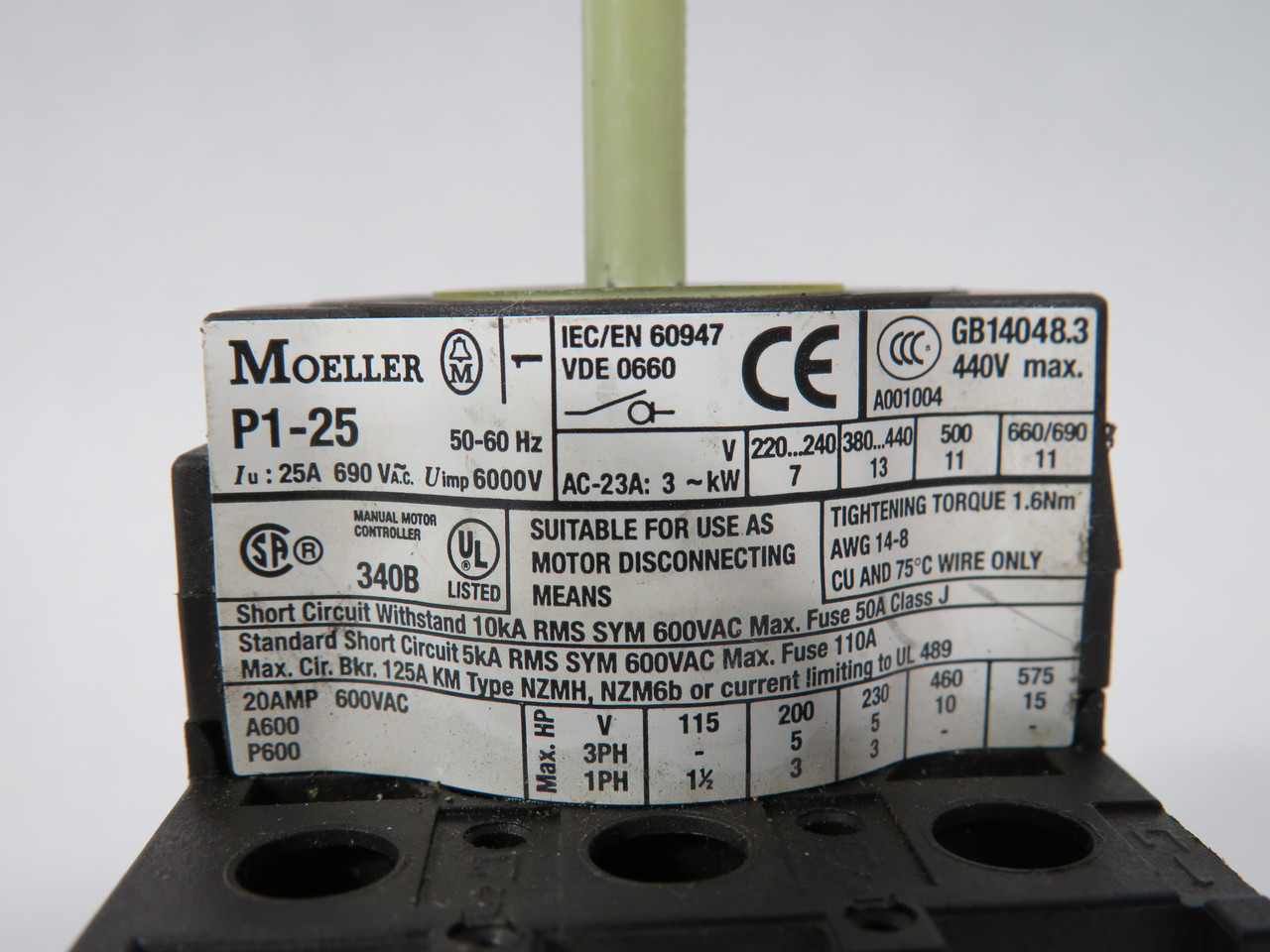 Moeller P1-25/EA/SVB Rotary Disconnect Switch 25A 690V 3-Pole NO HANDLE USED