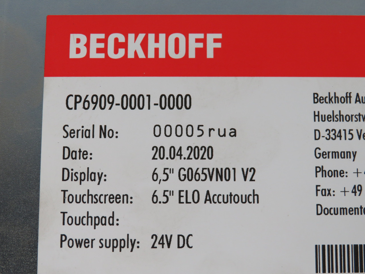 Beckhoff CP6909-0001-0000 Elo Accutouch Panel 6.5" 24VDC USED