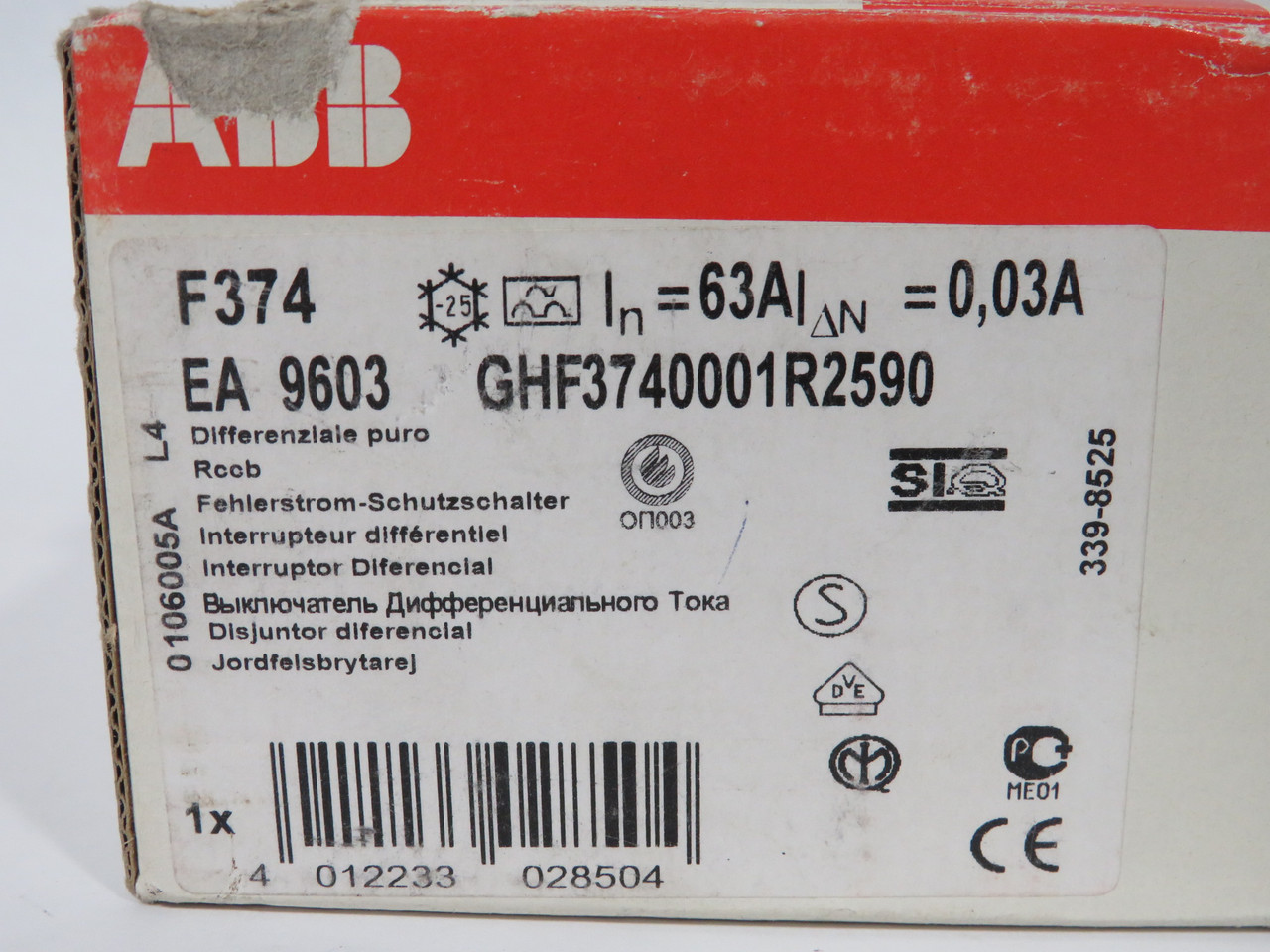 ABB F374-63/0.03 Circuit Breaker 63A 230/400V 4-Pole BOX DAMAGE NEW