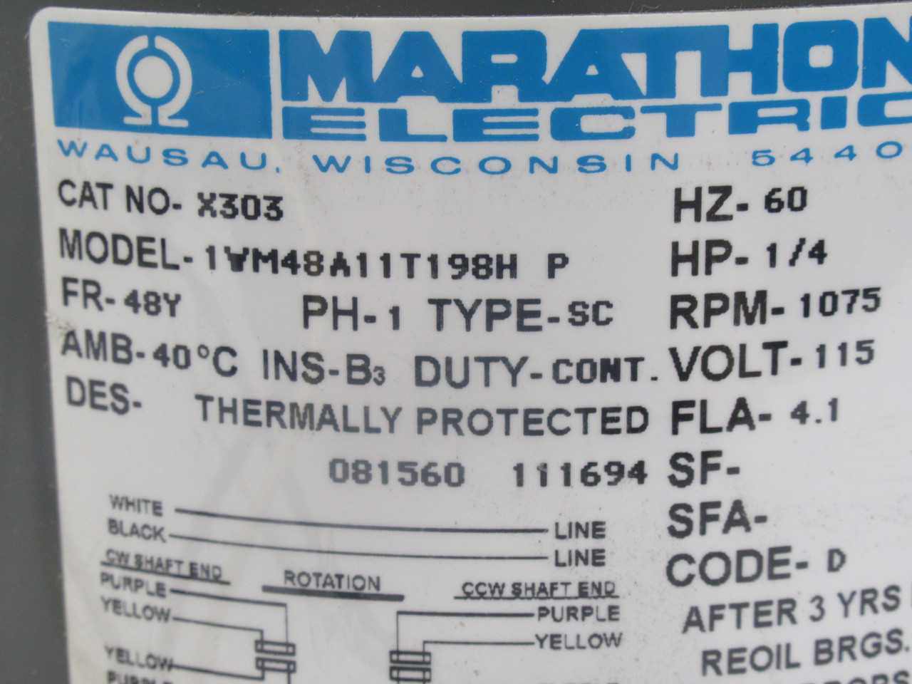 Marathon Electric 1/4HP 1075RPM 115V 48Y TENV 1Ph 4.1A 60Hz SHELF WEAR NOP