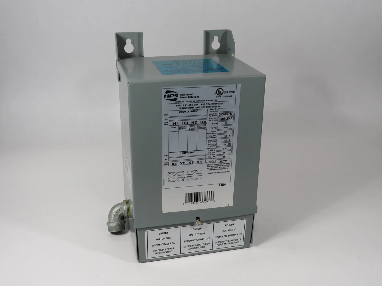 Hammond Q003LEKF Industrial Transformer 3kVA Pri 240X480V Sec 120/240V 1Ph USED