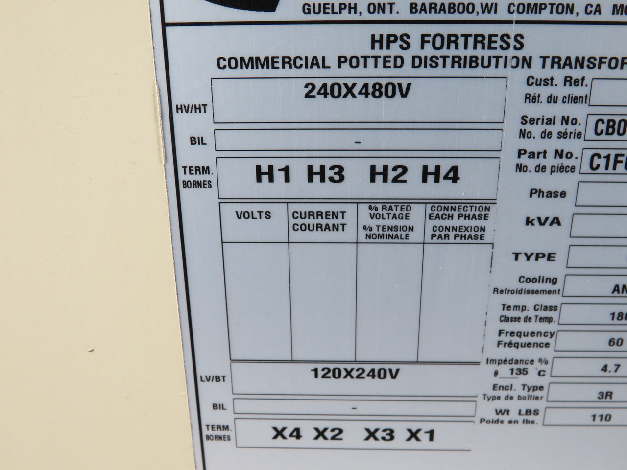 Hammond C1F005LES Industrial Control Transformer 5kVA Pri 240X480V USED