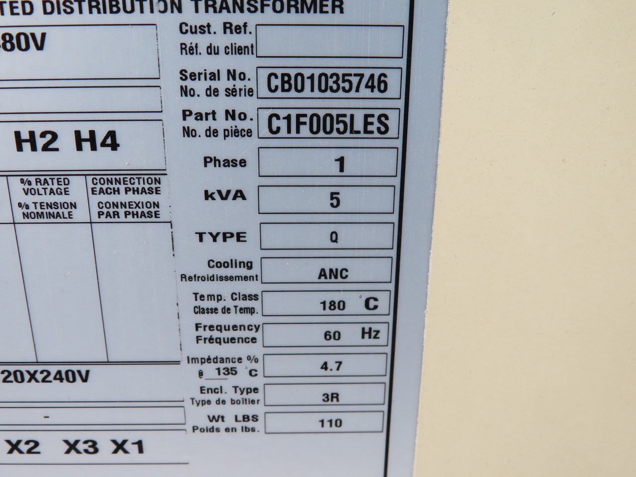 Hammond C1F005LES Industrial Control Transformer 5kVA Pri 240X480V USED