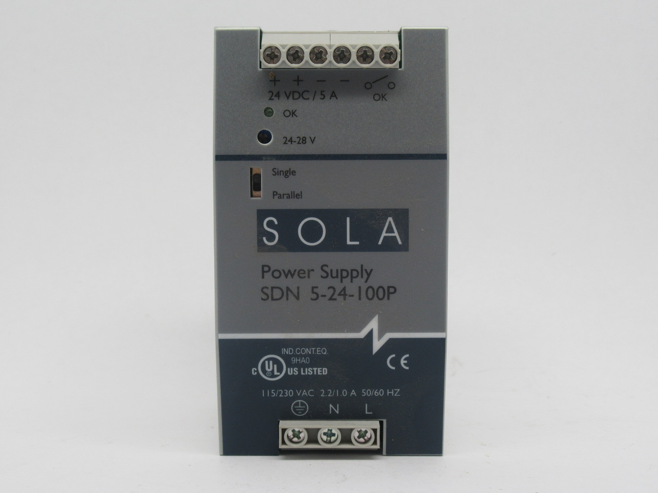 Sola SDN-5-24-100P Power Supply 24VDC 5A Out 115/230VAC 50/60Hz 2.2/1A In USED
