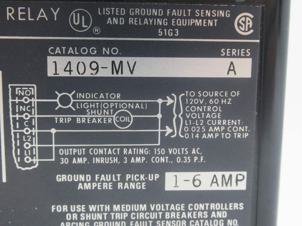 Allen-Bradley 1409-MV Arcing Ground Fault Relay Ser. A 120V 60Hz 1-6A USED