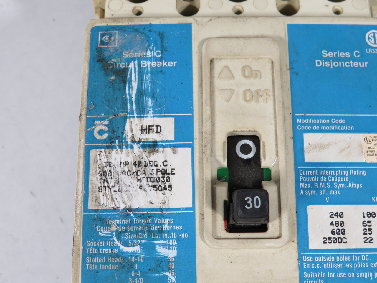 Cutler-Hammer HFD3030 Molded Case Circuit Breaker 30A 600V 3-Pole USED