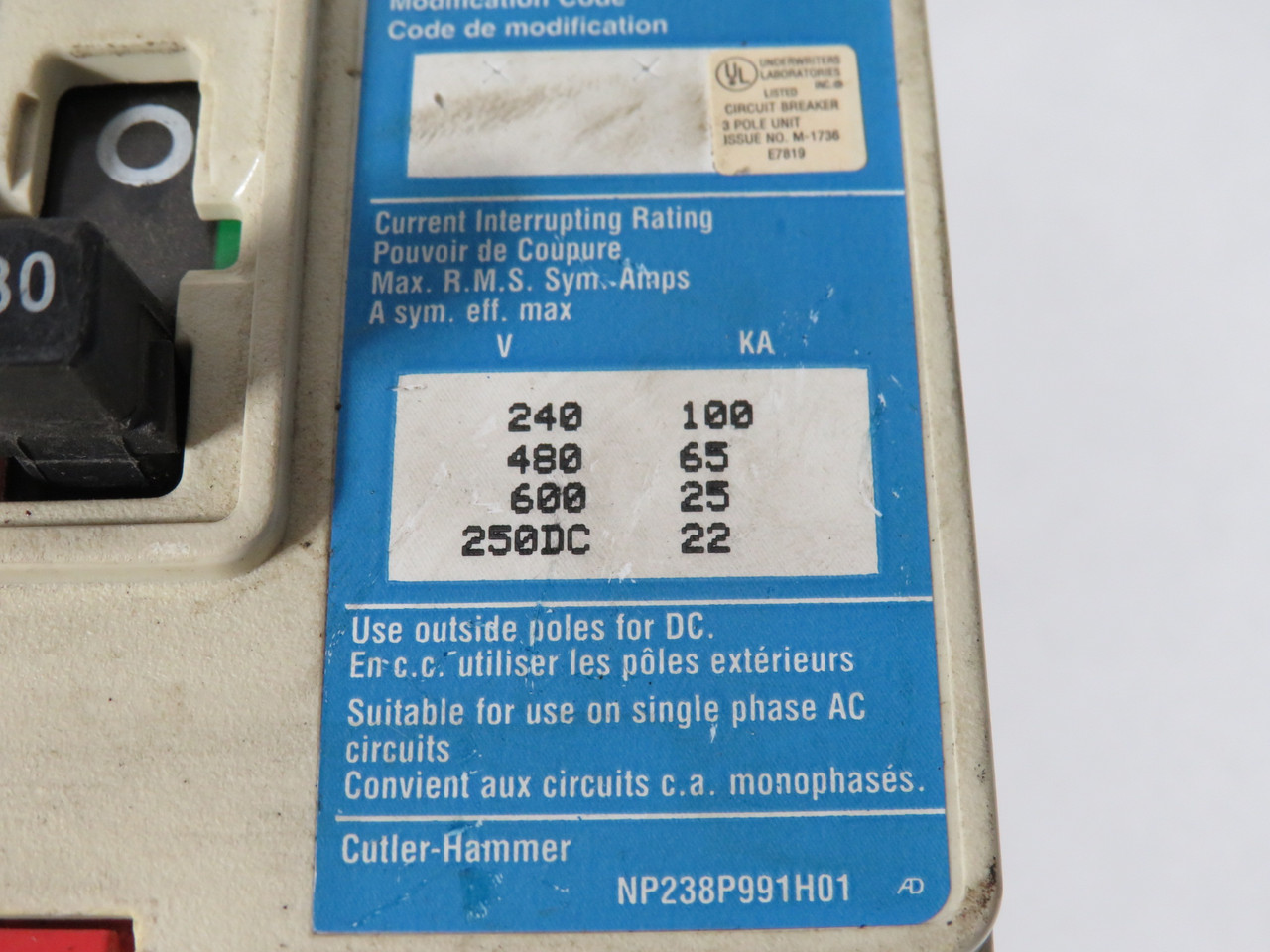 Cutler-Hammer HFD3030 Molded Case Circuit Breaker 30A 600V 3-Pole USED