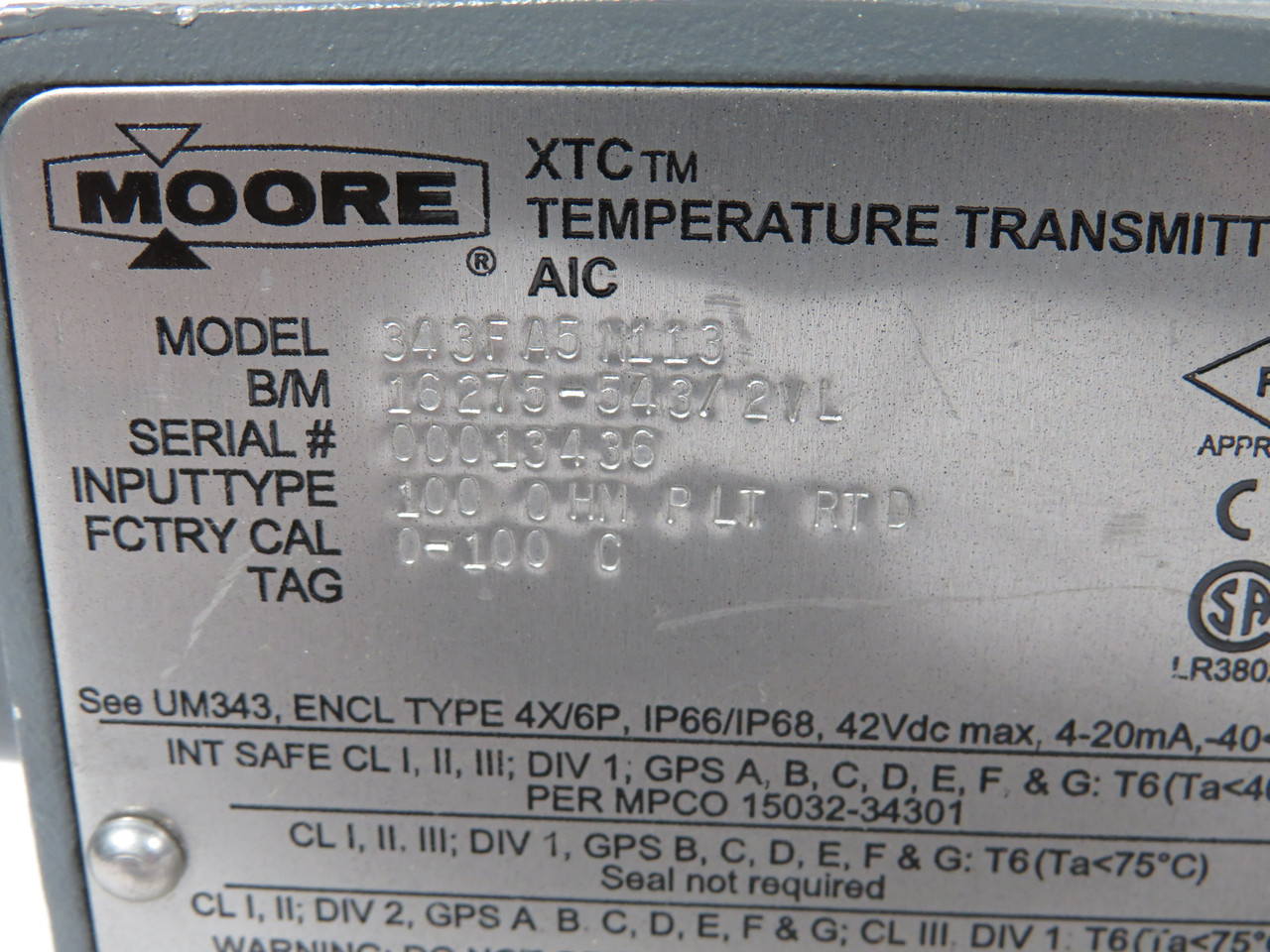 Moore 343FA5N113 Temperature Transmitter 0-100 Degrees Celsius USED