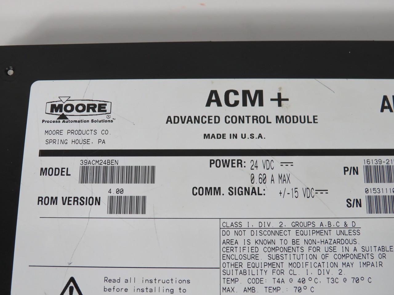 Moore 39ACM24BEN Advanced Control Module 24VDC 0.60A +/-15VDC USED