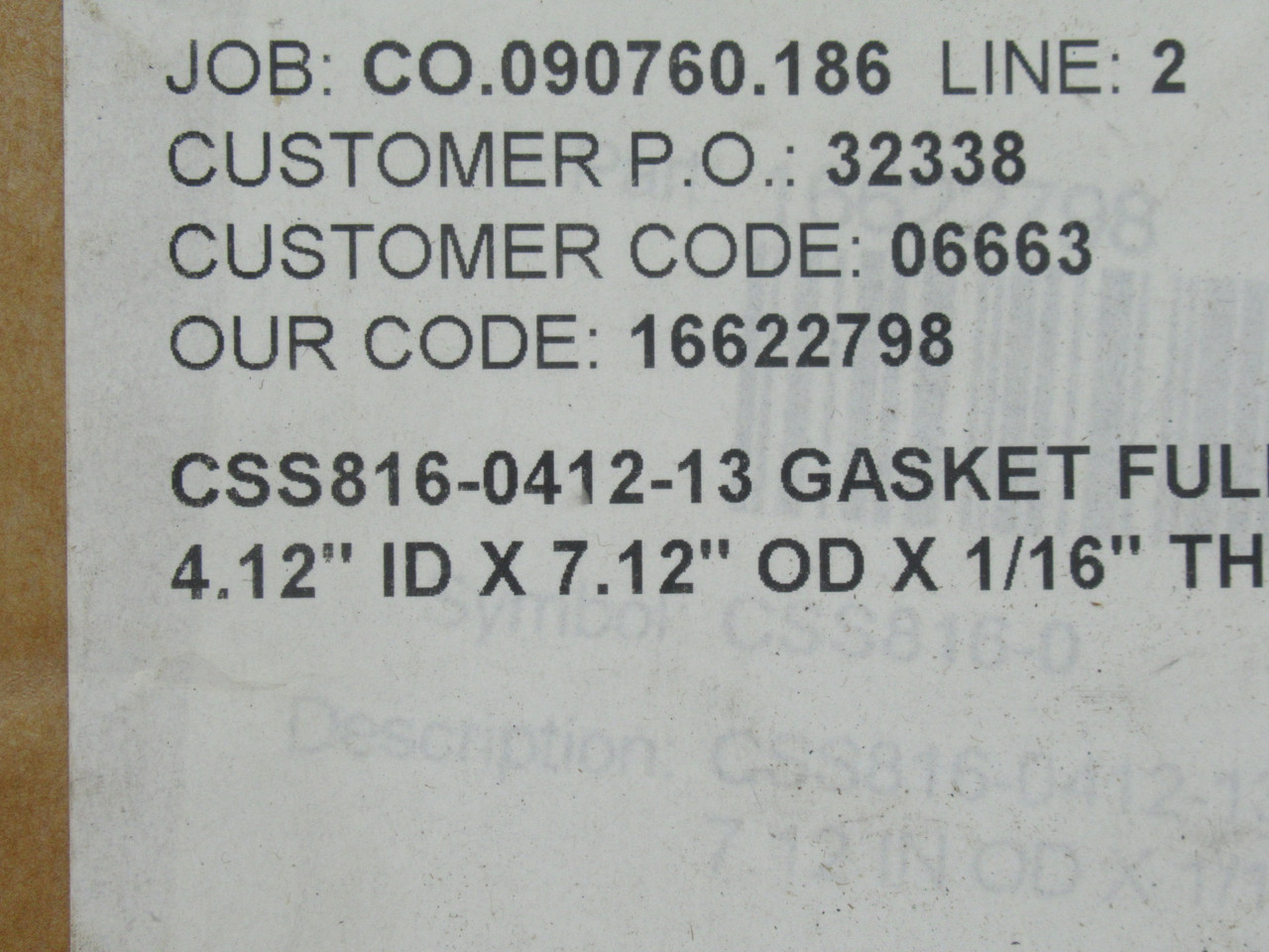 Kadant Johnson CSS816-0412-13 Full Face Gasket 4.12"ID 7.12"OD 0.0625"T NEW