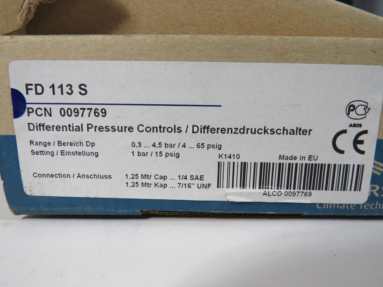 Emerson FD113S Differential Pressure Control 0.3-4.5 bar 4-65 psig 7/16" UNF NEW