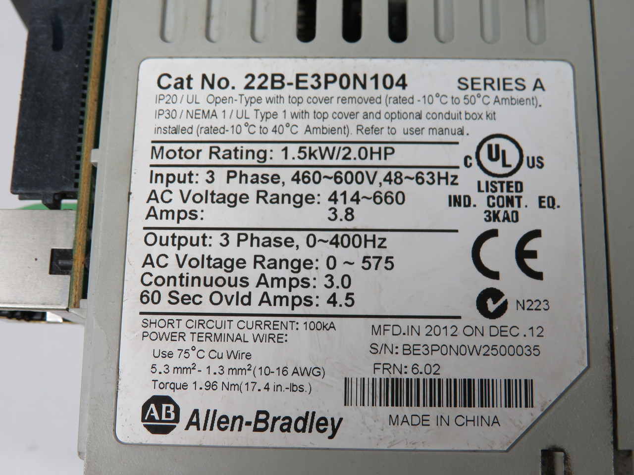 Allen-Bradley 22B-E3P0N104 Series A AC Drive 2HP 3Ph 0-575V MISSING COVER USED