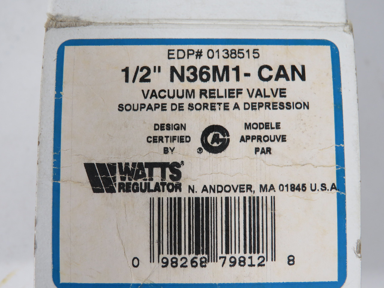 Watts 1/2-N36M1-CAN Vacuum Relief Valve 1/2" NPT 15 psi 15 CFM NEW