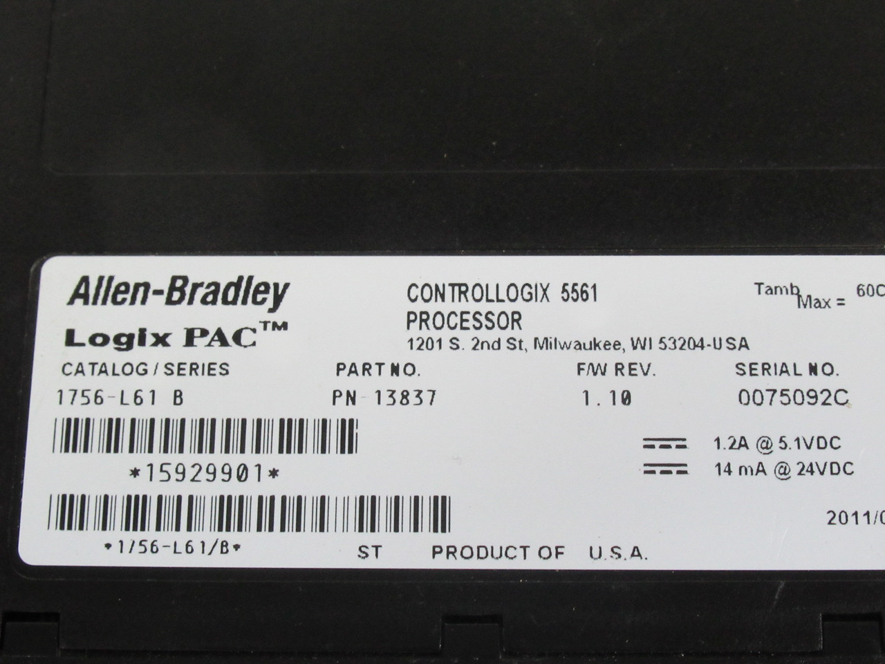 Allen-Bradley 1756-L61 Series B ControlLogix 5561 Processor NO BATTERY USED