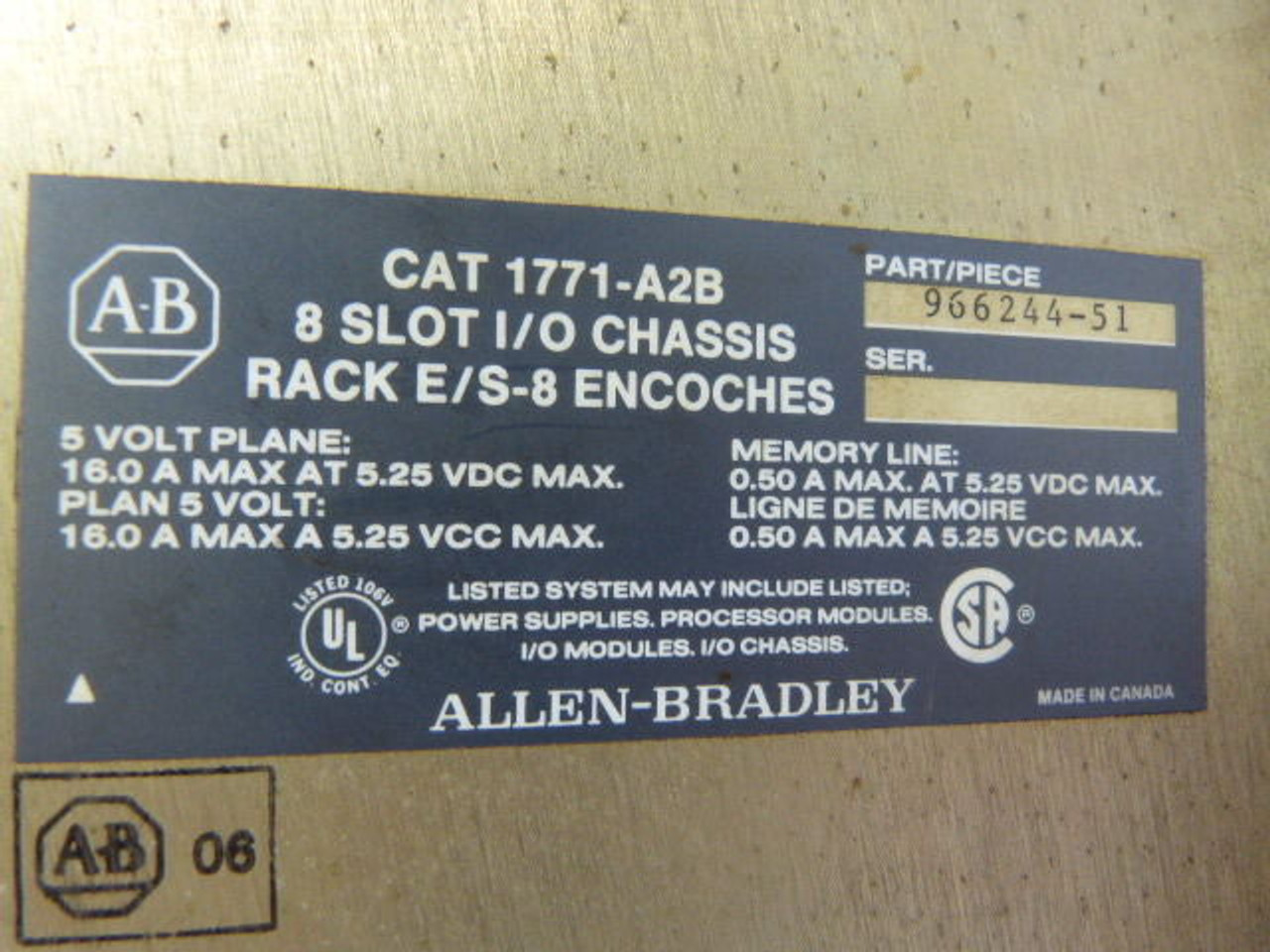 Allen-Bradley 1771-A2B 8 Slot I/O Chassis USED