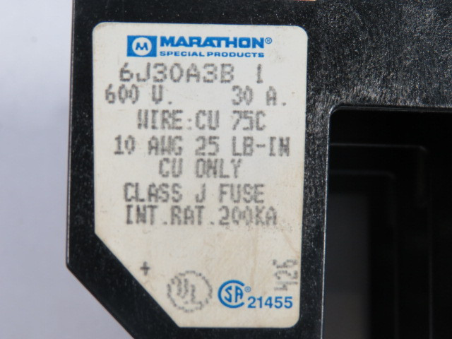 Marathon 6J30A3B-1 Fuse Holder 30A 600V 3-Pole USED