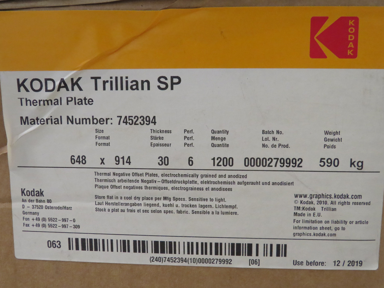 Kodak 7452394 Trillian Thermal Offset Plate 648x914mm 30 Thickness 350kg NEW