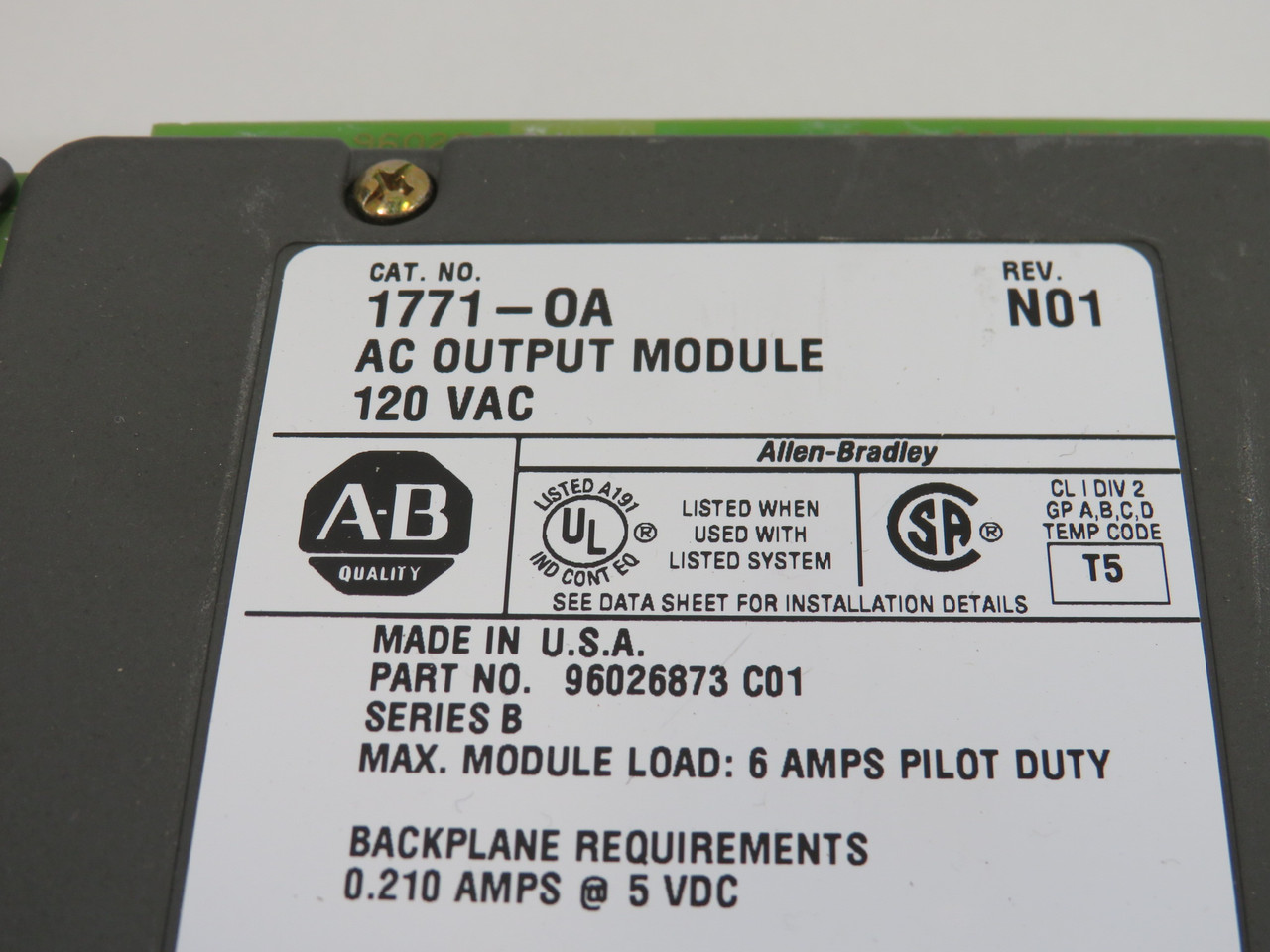 Allen-Bradley 1771-OA AC Output Module 120V 50/60Hz 1.5A Series B Rev. N01 USED