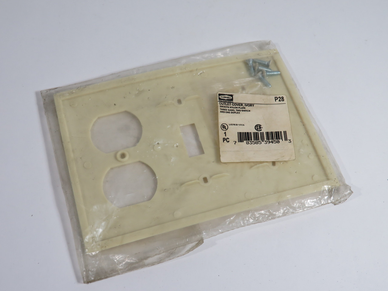 Hubbell P28I Ivory 3-Gang Toggle Switch and Duplex Outlet Cover Plate NWB