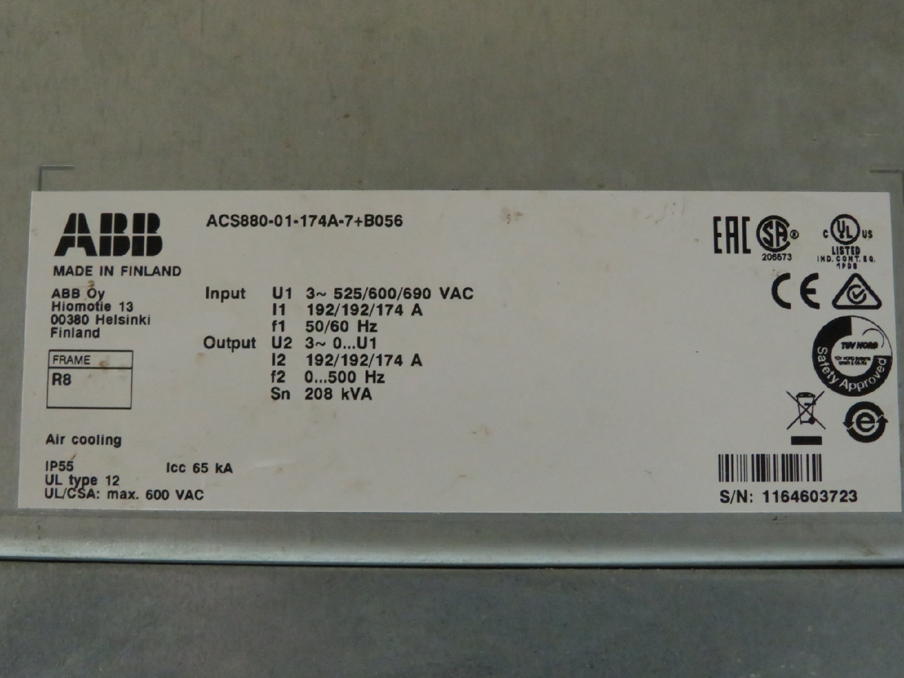 ABB ACS880-01-174A-7+B056 LV AC Industrial Wall-Mounted Drive 174A 208kVA USED