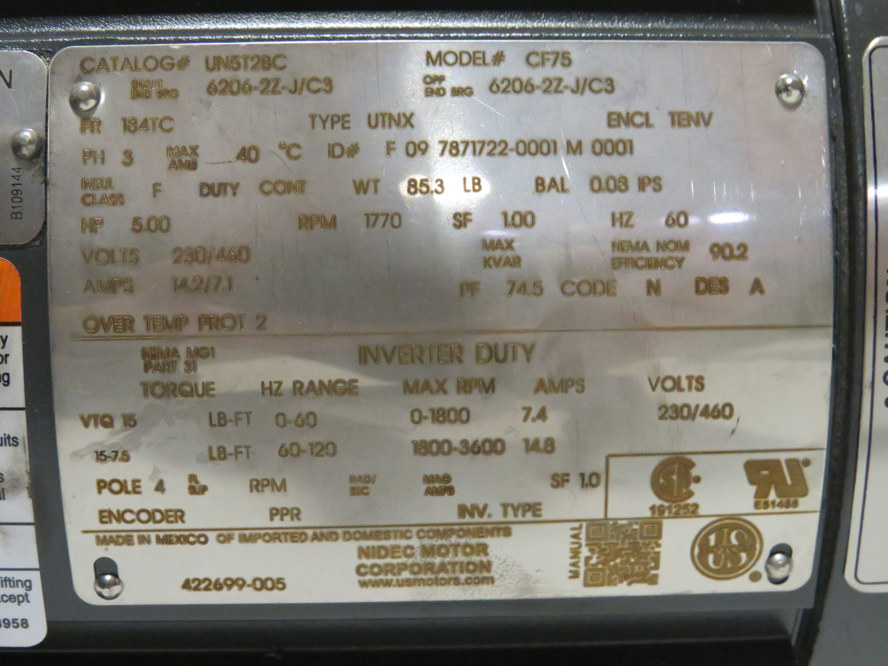 US Motors NIDEC UN5T2BC 5HP 1770RPM 230/460V 184TC TENV 3Ph 14.2/7.1A 60Hz NOP