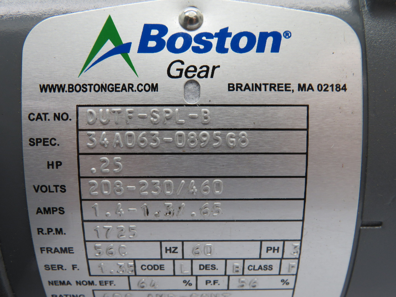 Boston Gear 0.25HP 1725RPM 208-230/460V 56C TEFC 3Ph 1.4-1.3/0.65A 60Hz NOP