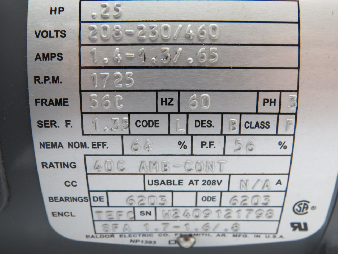 Boston Gear 0.25HP 1725RPM 208-230/460V 56C TEFC 3Ph 1.4-1.3/0.65A 60Hz NOP