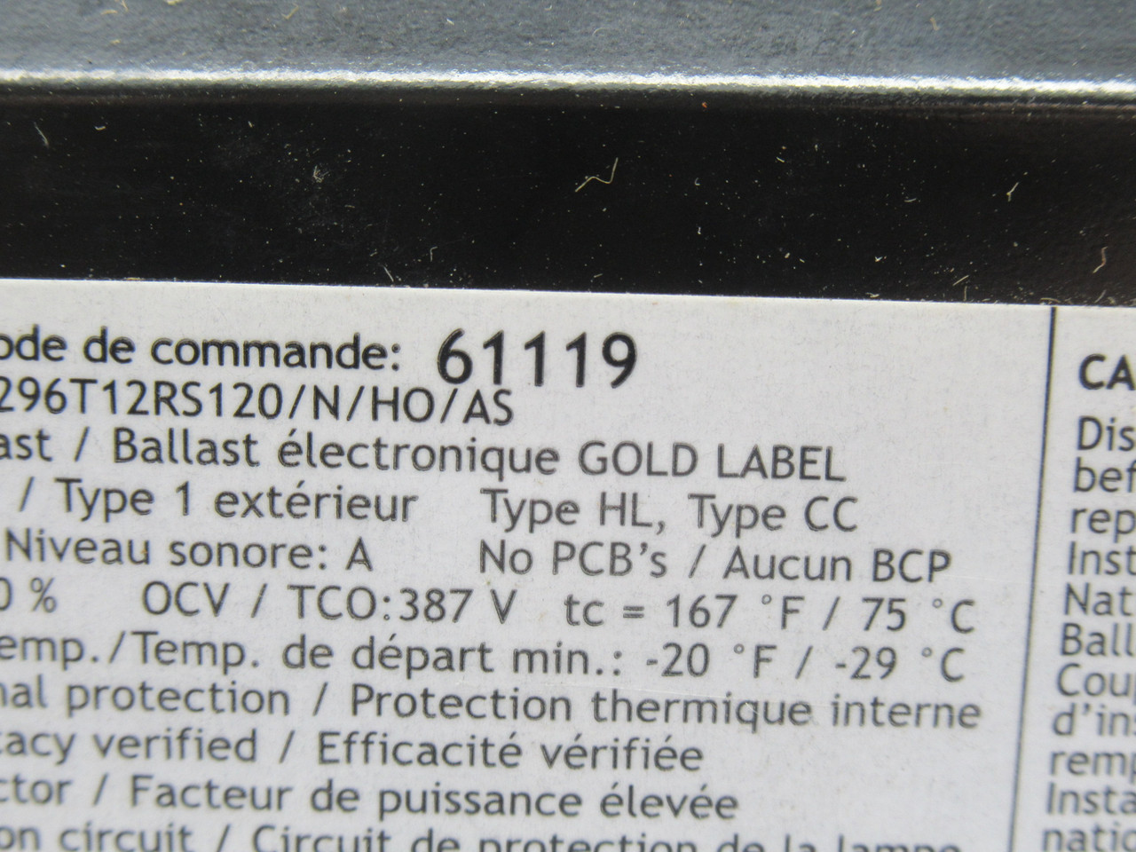 Standard E296T12RS120/N/HO/AS 61119 Rapid Start Outdoor Ballast 120V 60Hz USED