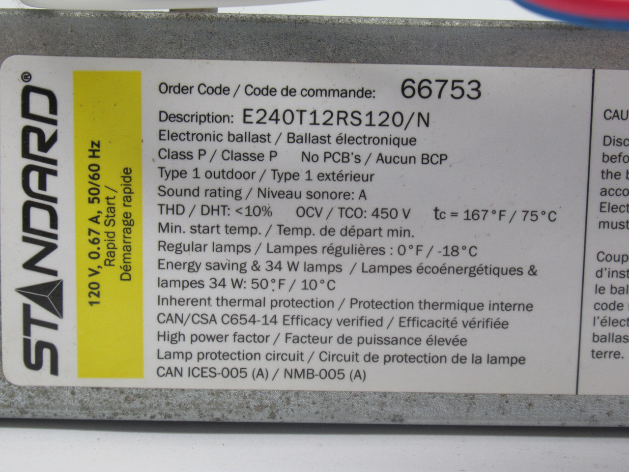 Standard E240T12RS120/N 66753 Rapid Start Outdoor Ballast 120V *SHELF WEAR* NOP