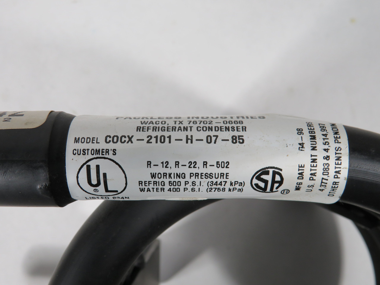Packless Industries COCX-2101-H-07-85 Refrigerant Condenser 1-Ton 500 psi NOP