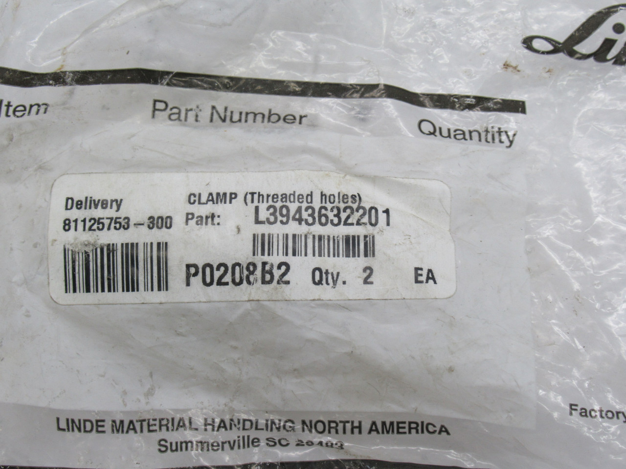 Linde L3943632201 Clamp w/ 1/4" Thread Holes For Forklift DIRTY BAG NWB