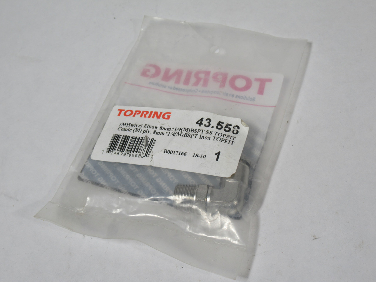 Topring 43.558 Male Swivel Elbow 8mm Tubing OD 1/4" BSPT BAG DAMAGE NWB