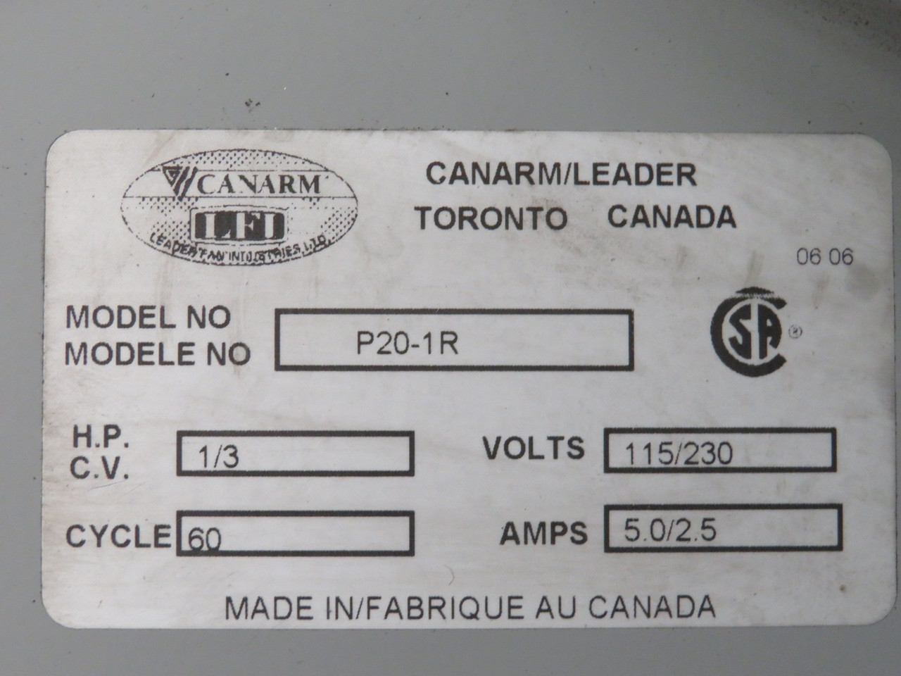 Canarm P20-1R 20" Wall Mount Panel Type Supply Fan 3250 CFM 1/3HP 115/230V USED