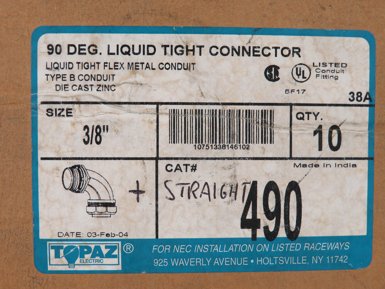 Topaz 490 Die-Cast Zinc Liquid-Tight 90-Degree Elbow Fitting 3/8" Lot of 2 NEW