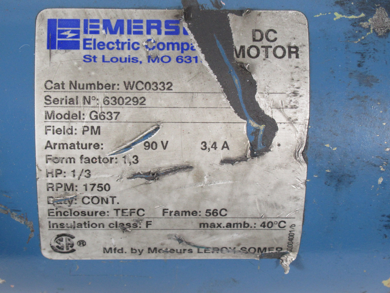 Emerson WC0332 DC Motor 1/3HP 1750RPM 90V 56C TEFC 3.4A COSMETIC DAMAGE USED