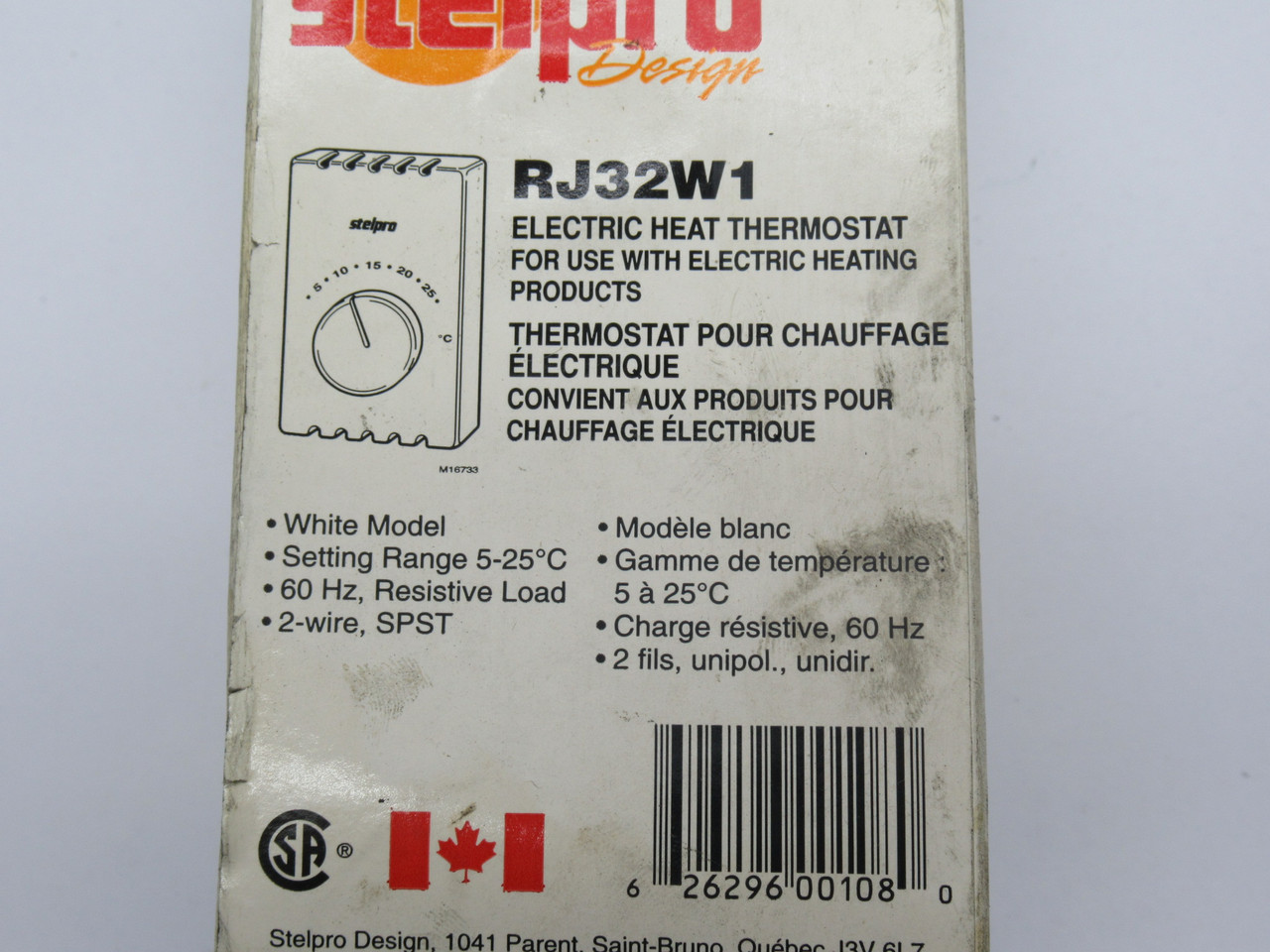 Stelpro RJ32W1 Electric Heat Thermostat 5-32 Celcius 19A 277VAC SHELF WEAR NEW